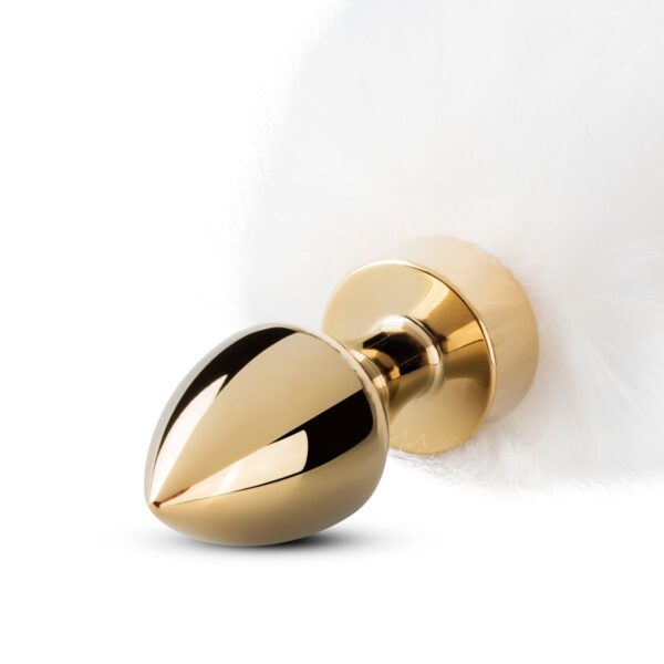 Kleine goudkleurige buttplug met witte vossenstaart - Afbeelding 2