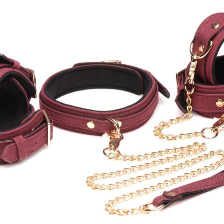 6-delige BDSM Suede Boeienset Met Collar En Riem - Bordeaux