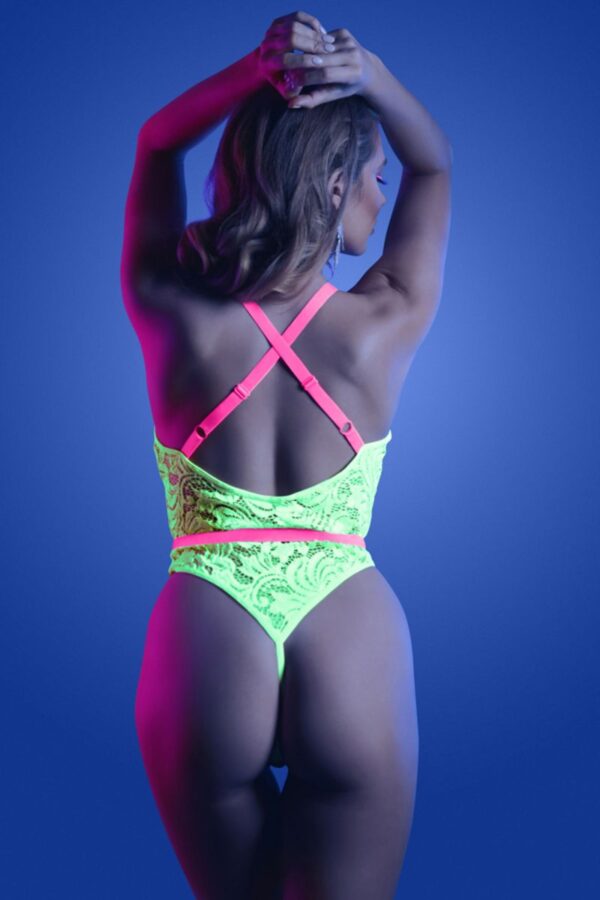 SPOTLIGHT - Body van Elastisch Kant met Drukknoopsluiting - Neon Groen - Afbeelding 2