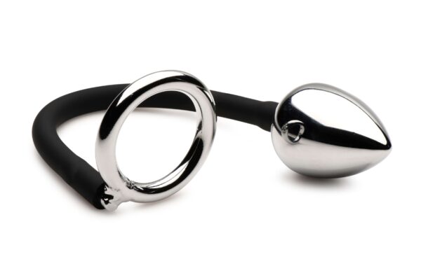 XR Brands - Tug + Plug Cock & Ball Ring met Anaalplug - Zwart&Zilver - Afbeelding 4
