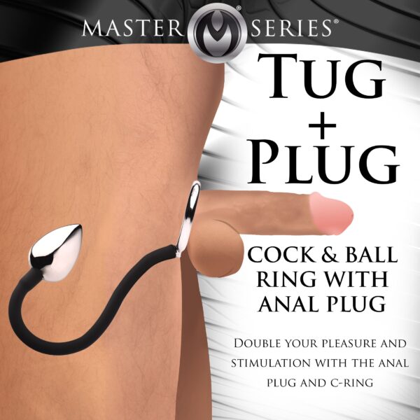 XR Brands - Tug + Plug Cock & Ball Ring met Anaalplug - Zwart&Zilver - Afbeelding 6