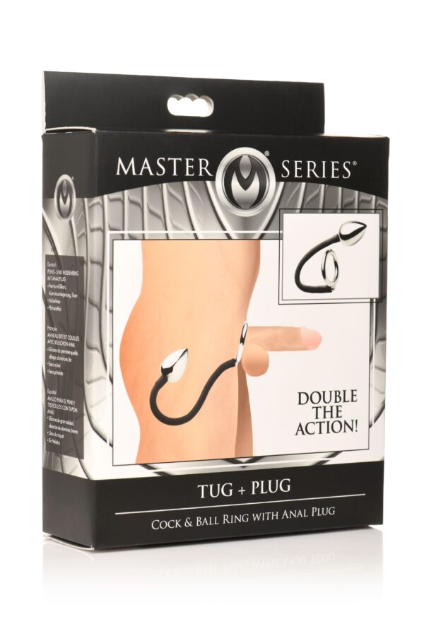 XR Brands - Tug + Plug Cock & Ball Ring met Anaalplug - Zwart&Zilver - Afbeelding 7