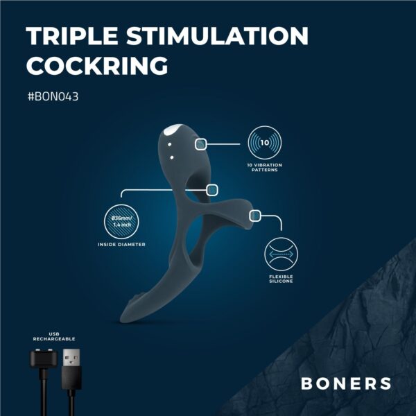 Boners Triple Cockring - Blauw - Afbeelding 4