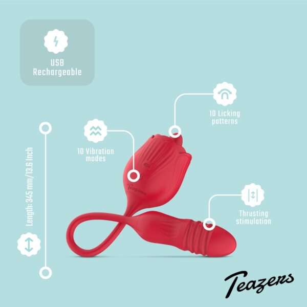 Teazers Roos Vibrator met Stotende Dildo - Afbeelding 2
