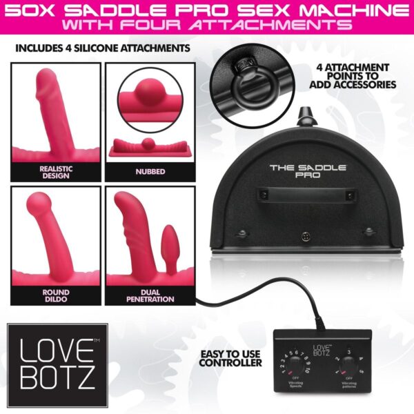 LOVE BOTZ - 50X Saddle Pro Sex Machine met 4 Opzetstukken - Zwart - Afbeelding 20